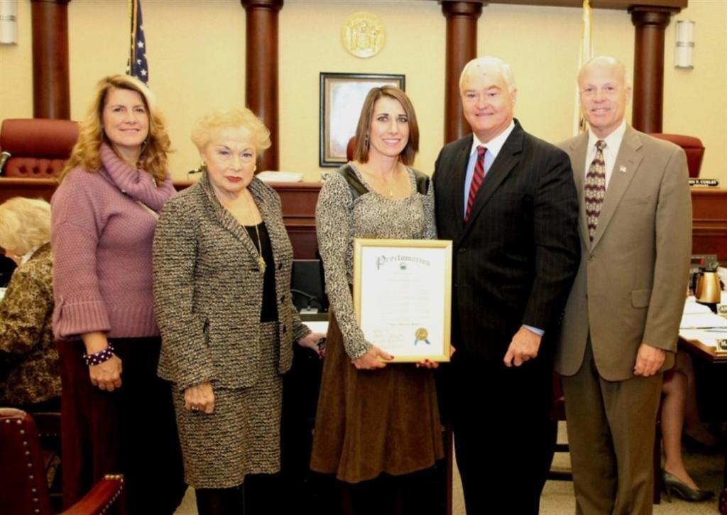 The Monmouth County Board of Chosen Freeholders present a proclamation to Barbara Feinstein, President of the Board of Directors of the Central Jersey Chapter of the Juvenile Diabetes Research Foundation declaring November as Diabetes Awareness Month at their Nov. 13 meeting in Freehold, NJ. Pictured left to right: Freeholder Serena DiMaso, Freeholder Director Lillian G. Burry, Barbara Feinstein, Freeholder John P. Curley and Freeholder Deputy Director Gary J. Rich, Sr.